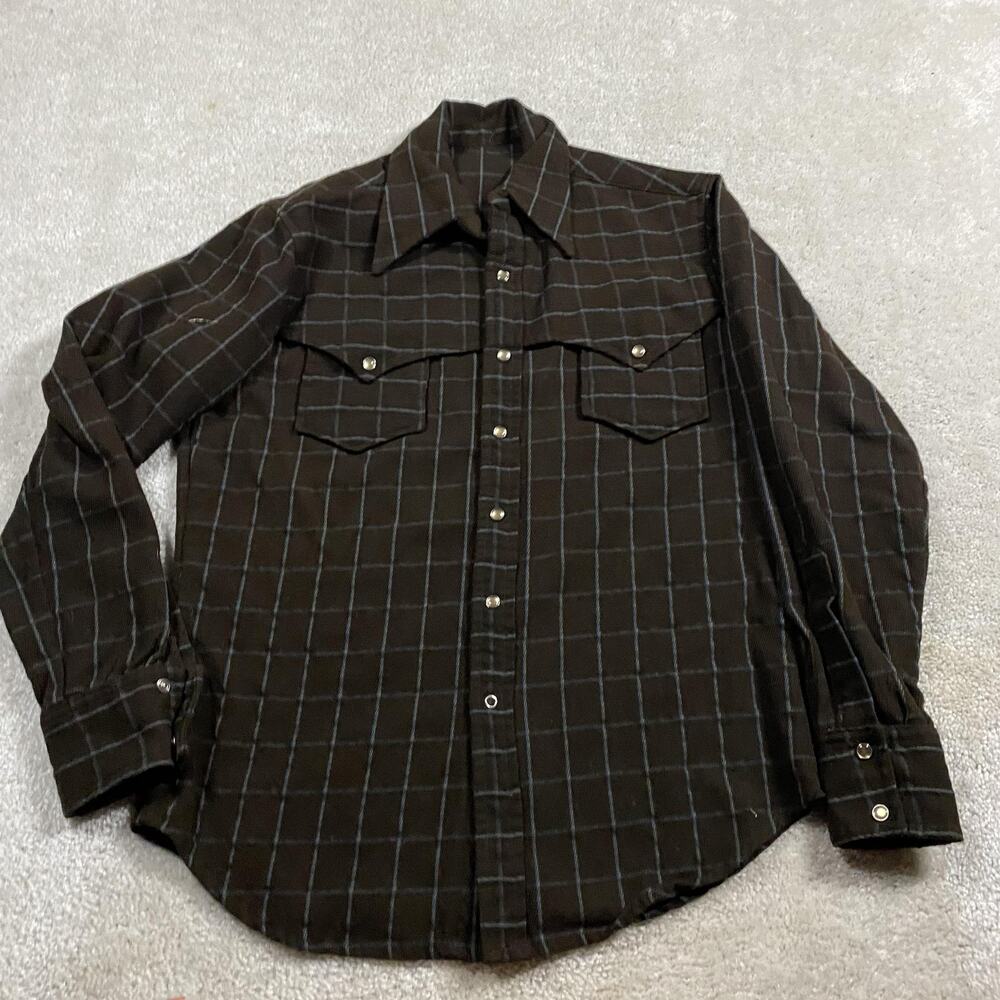 VTG Western Shirt‎ Mens L Brown Check Long Sleeve Pearl Snap Button Cowboy